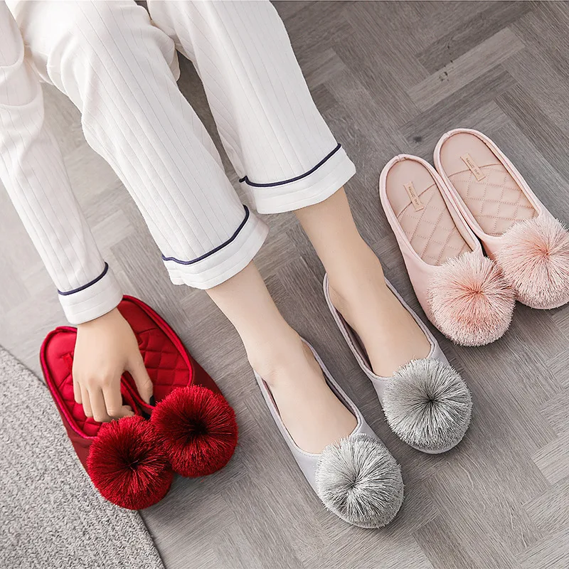 Women Satin Home Slippers With Plush Ball Cat Non-Slip Soft Warm House Indoor Bedroom Girl Memory Foam Floor Shoes