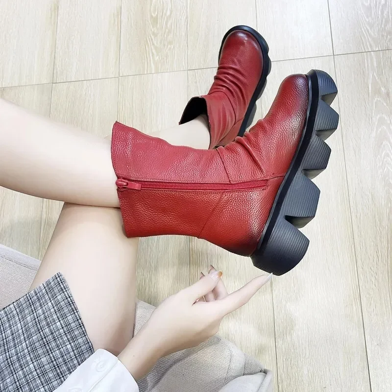 BEYARNE Ankle Boots Women Genuine Cow Leather Platform Bootie Side Zipper Soft Comfortable Autumn Winter Ladies Shoes Handmade