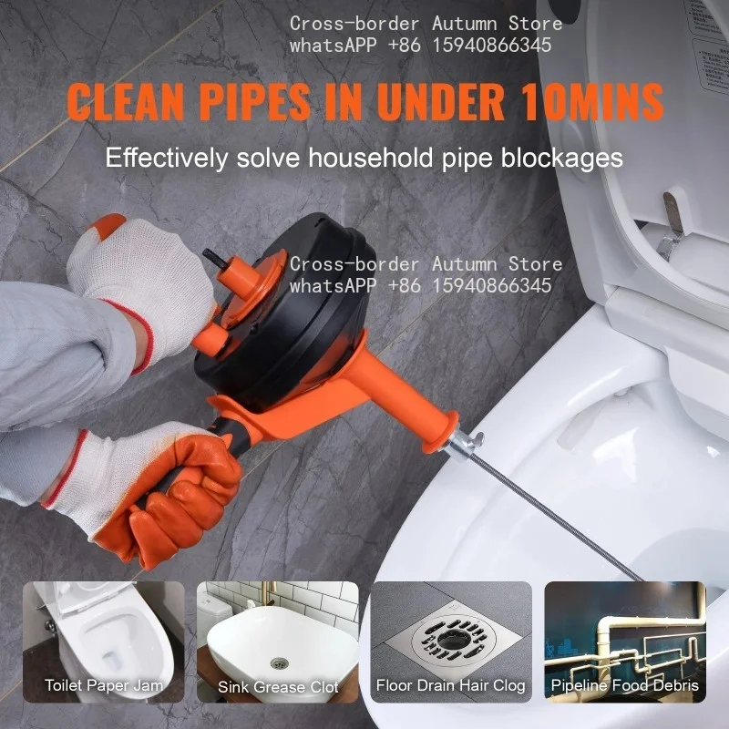 Drain Auger 25Ft Manual-feeding Plumbing Snake w/ Drill Attachment Drain Clog Remover Toilet Sewer Pipe Dredge for Home