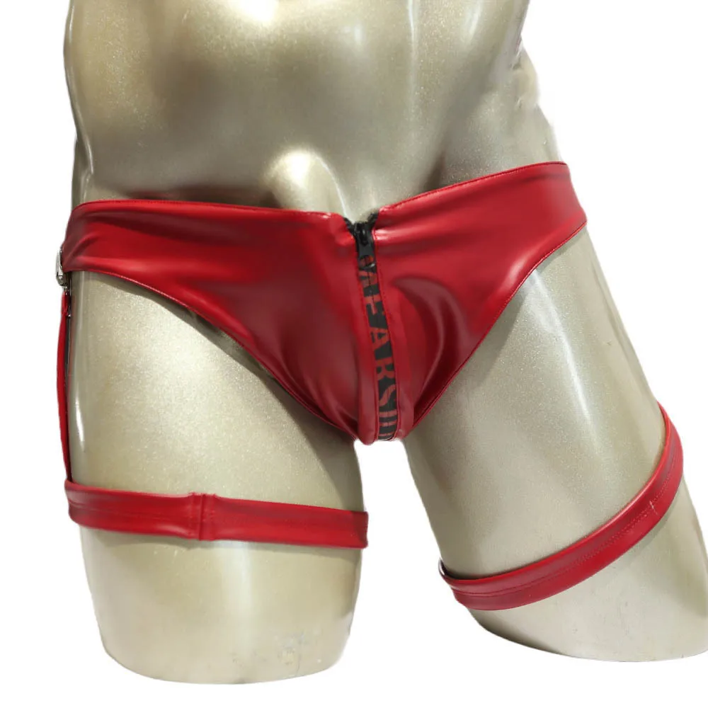 Men's Brief Trunks M-4XL New Leggings Sexy Low Waist Underwear Double-Sided Latex Ammonia Front Zipper Panties PU Leather Briefs