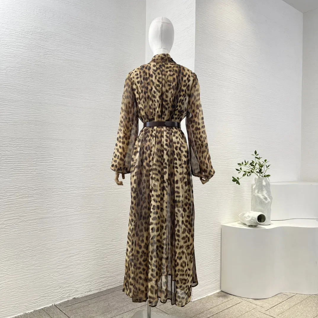 Robes mi-longues léopard classiques pour femmes avec ceinture, manches lanterne complètes, nœud à lacets, vintage, vacances, nouveautés, haute qualité, 2025