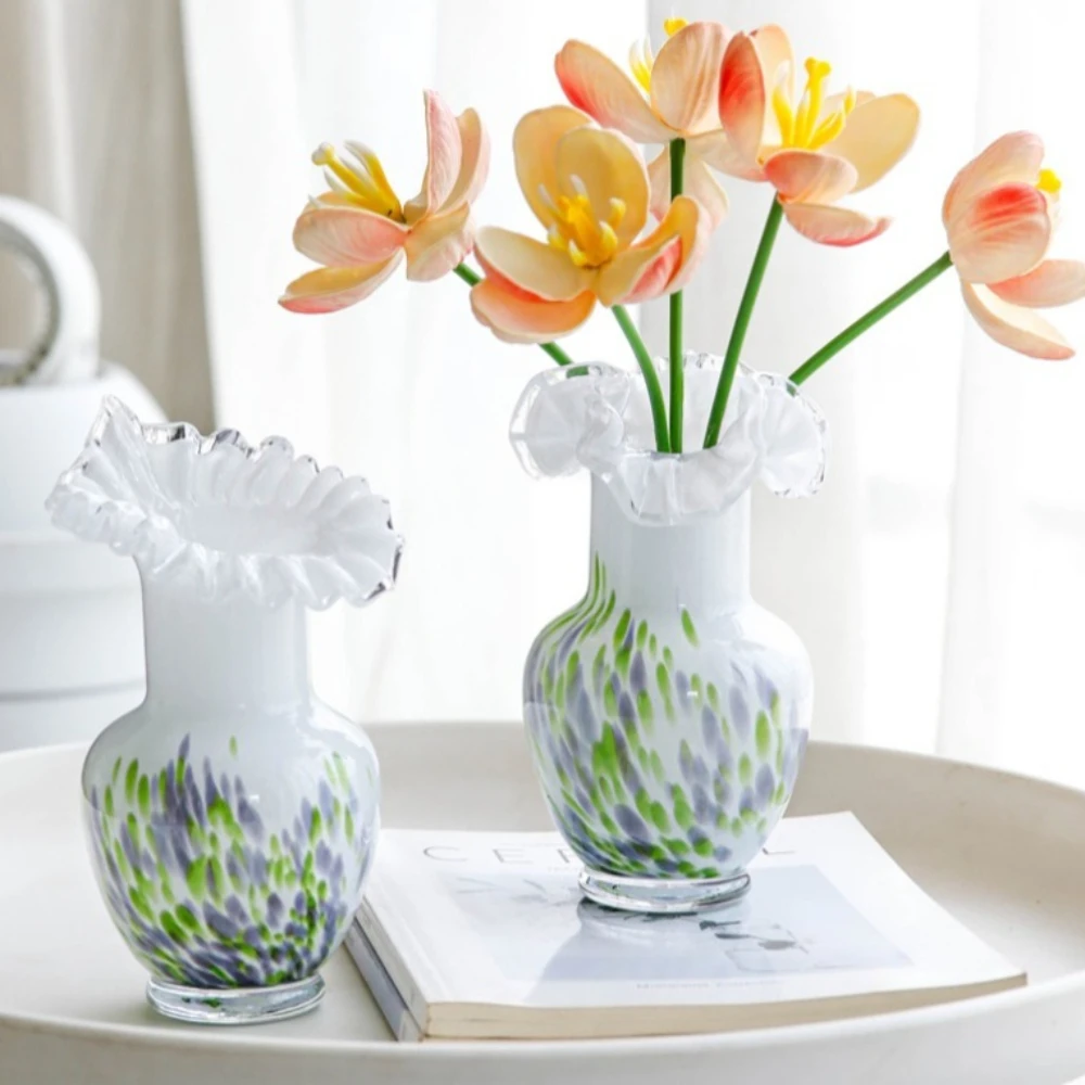 Modern Handmade Blown Glass Vase Ruffled Edge Multicolor Spotted Vase for Wedding Housewarming Table Gift Decoration