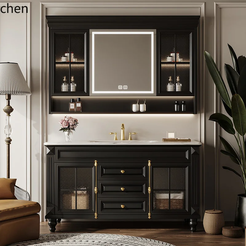 ZML bathroom cabinet combination retro bathroom rock slab integrated washing table hand washbasin floor cabinet