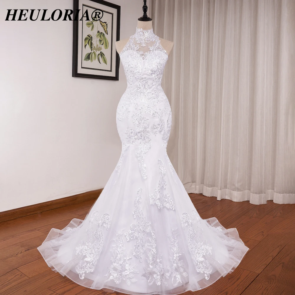 

HEULORIA mermaid wedding dress high neck lace beading bride dress long train Robe de mariage