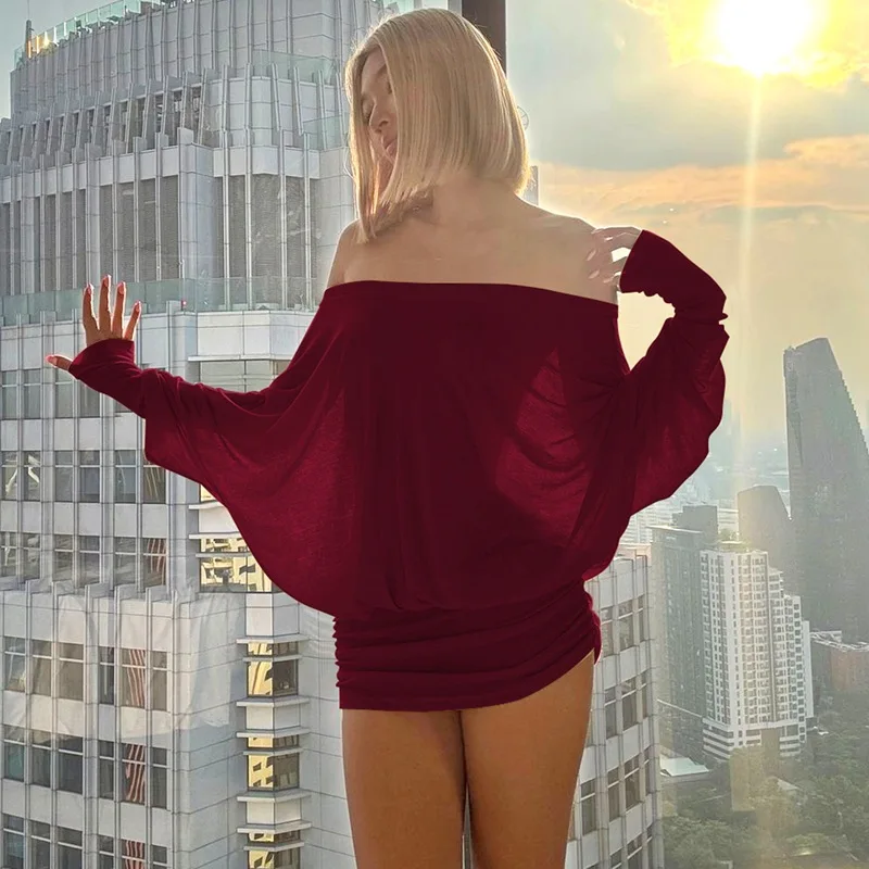 Mini abito aderente aderente con volant solido autunnale da donna Sexy scollo a barchetta con spalle scoperte Manica lunga a pipistrello Hipster Night Clubwear