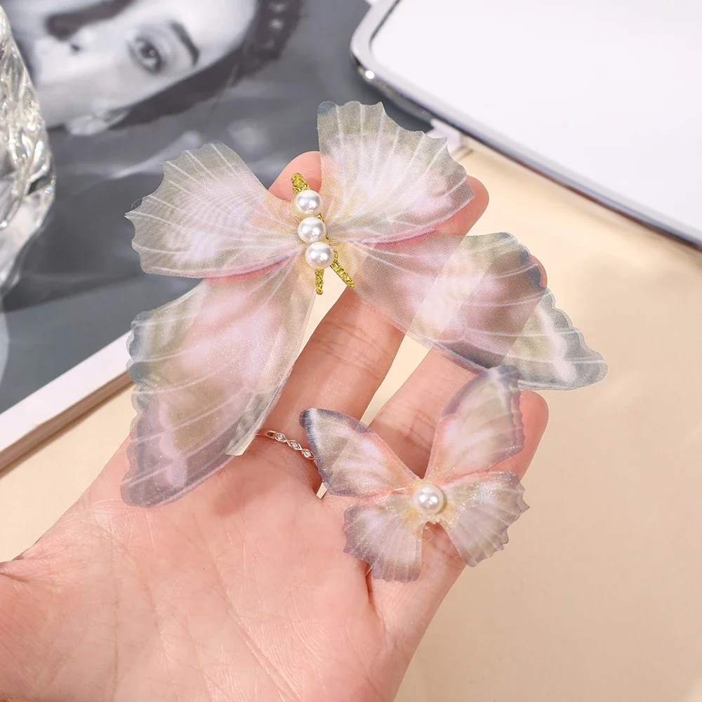 2PCS Super Immortal Butterfly Hair Clips Forest Style Sweet and Elegant Fabric Pearl Hair Accessories for Women's Accessories