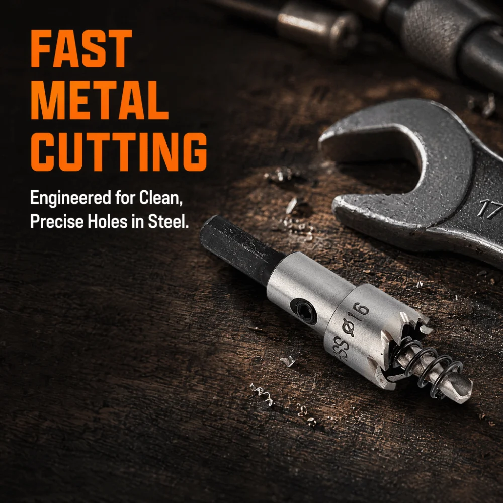 16mm Diameter Hole Saw Cutter High Speed Steel Carbide Teeth Drill Bit Set Split Tip Pilot Fast Cutting Design Metal Hole Saw