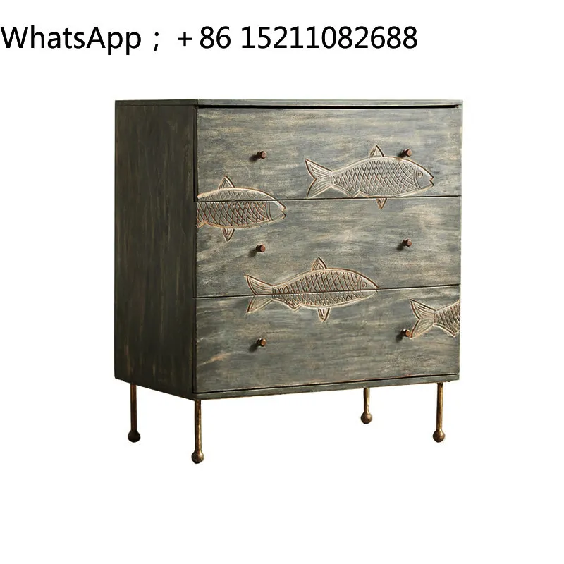 SCY retro solid wood carved wine cabinet metal stainless steel side cabinet handmade small fish locker