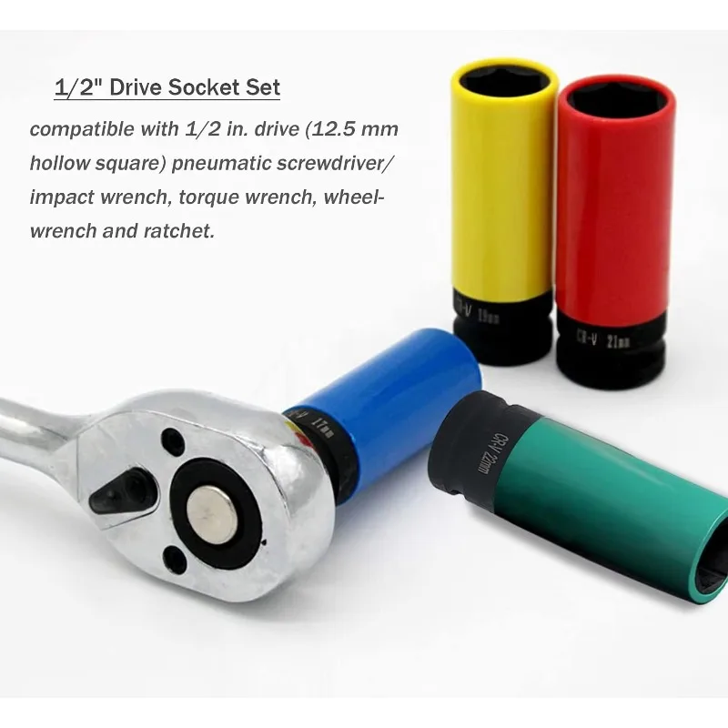 1set 3pcs 1/2 Inch Drive Wheel Protector Impact Socket Thin Wall Deep Impact Socket Set Plastic Sleeve Lug Nut 17mm 19mm 21mm