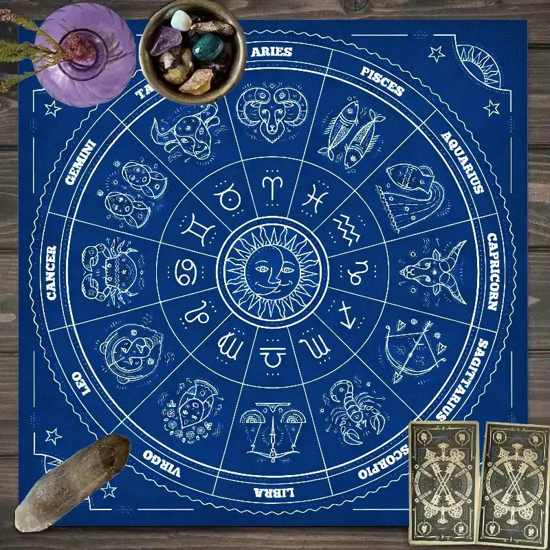 Nappe de table VIKAMA 12 signes du zodiaque, bleue, avec roue d'astrologie, tapis d'autel soleil et lune, pour divination céleste et rituels de sorcière