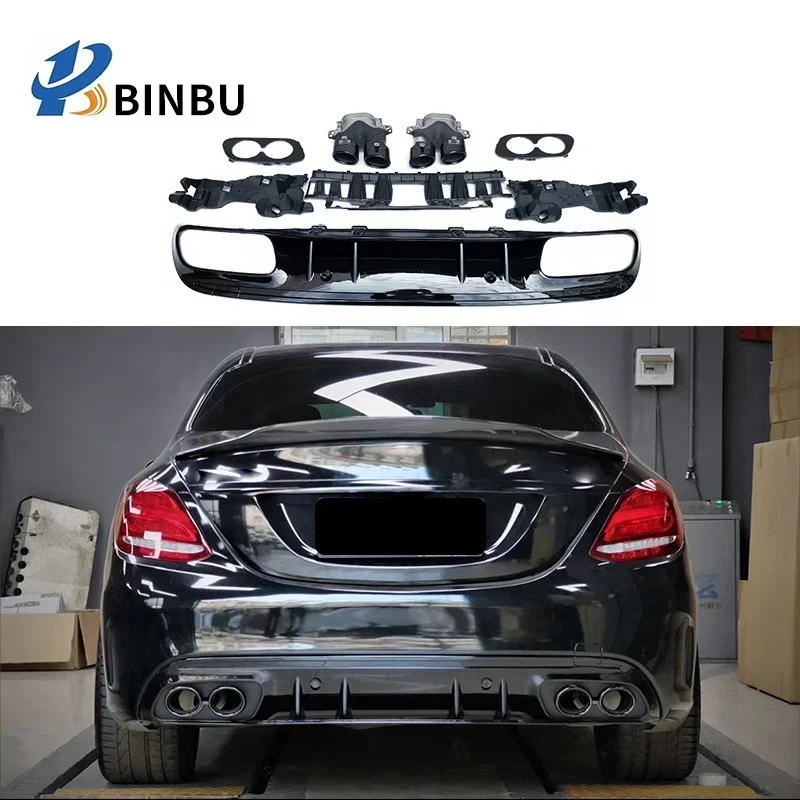 Rear Diffuser Rear Lip FOR Mercedes Benz C-class W205 Refitting C43 Style Sports  Exhaust Pipe 2015-2020