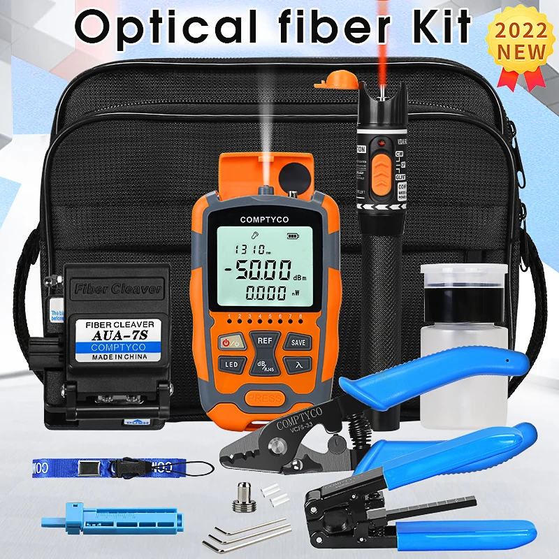 

Fiber Optic Tool Kit with AUA-7S Fiber Cleaver 3 in 1 Mini Optical Power Meter -50 to 26/-70 to10dBm Visual Fault Locator 10mw