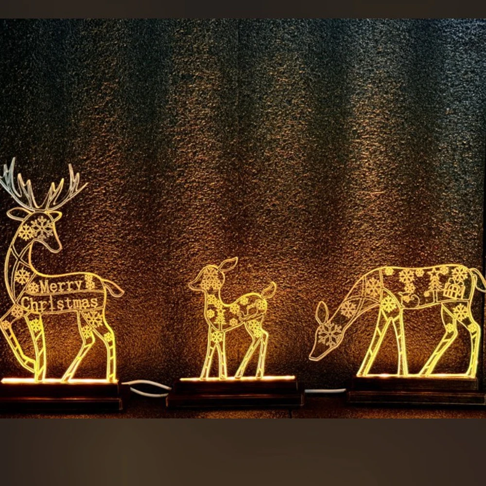 Reindeer Glowing Ornaments 3-piece Set With Snowflake PatternsWooden Base Table Lamp For Christmas Home Decor Festive Atmosphere
