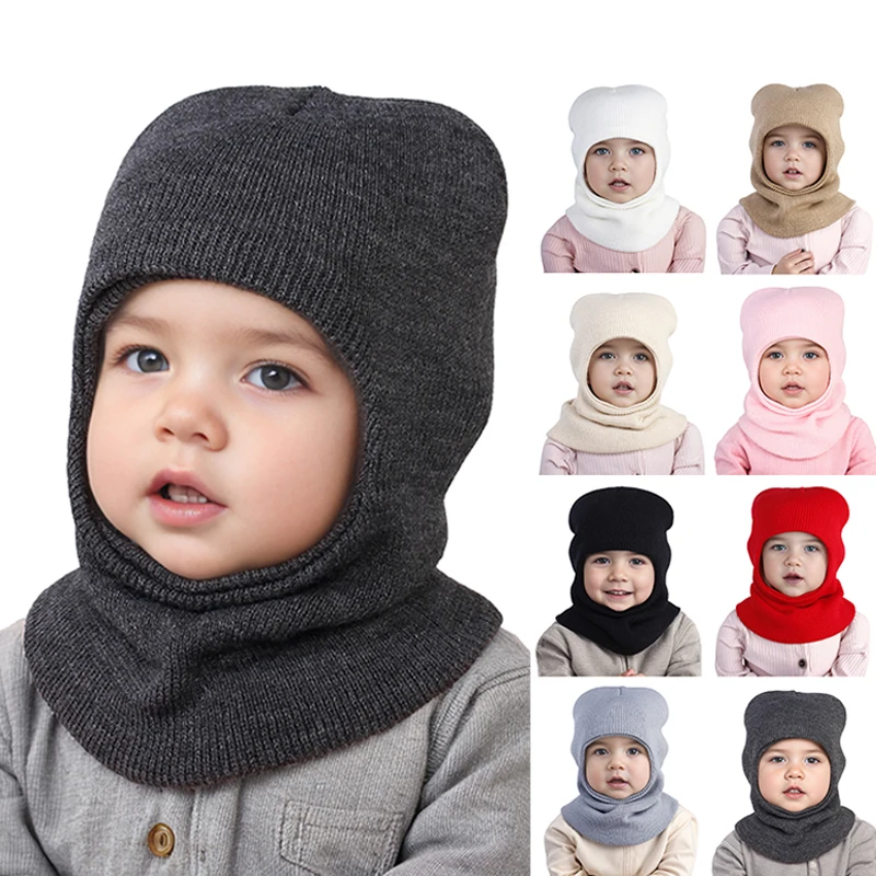 

1Pc Infant Baby Winter Warm Knitted Hats Girls Boys Scarf Beanie Hats With Neck Warmer For Kids Children Accessories