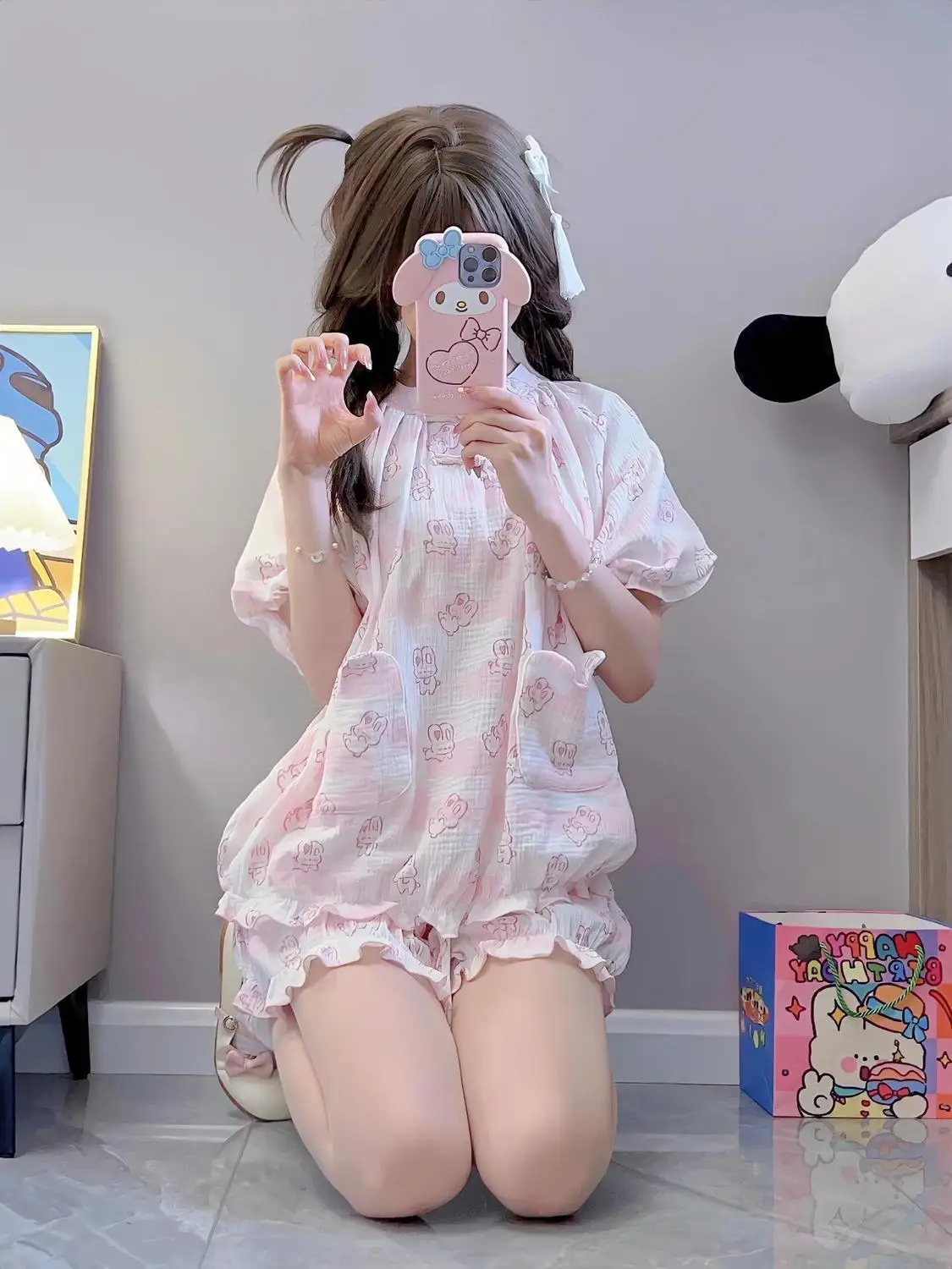 2026 new Elegant Two Clothing Nightgowns Woman Japanese 2D Pajama Sets Summer Cute Cartoon Pajama Women's 2-piece Set Home Suit