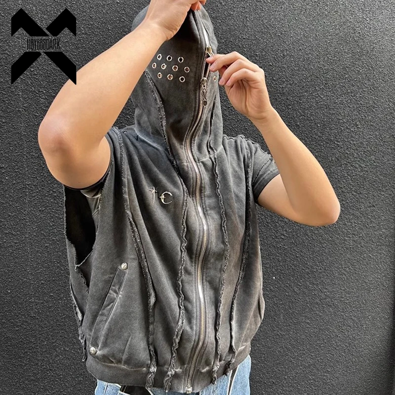 2024 Vintage Sleeveless Hoodie Jacket American Punk Gothic Zip Up Coat Trendy Patchwork Washed Tops Men Hip Hop Hoodies