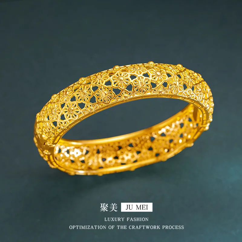 Luxury 24K 9999 Pure Gold real gold Women's buckle openwork flower bracelet