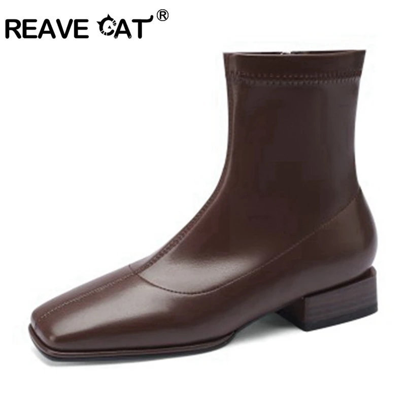 

REAVE CAT 2021 New Designer Brand Ankle Boots for Women Stretchy Sock Bootie Zip Flat Square Low Heel Black Brown 31-43 S2437