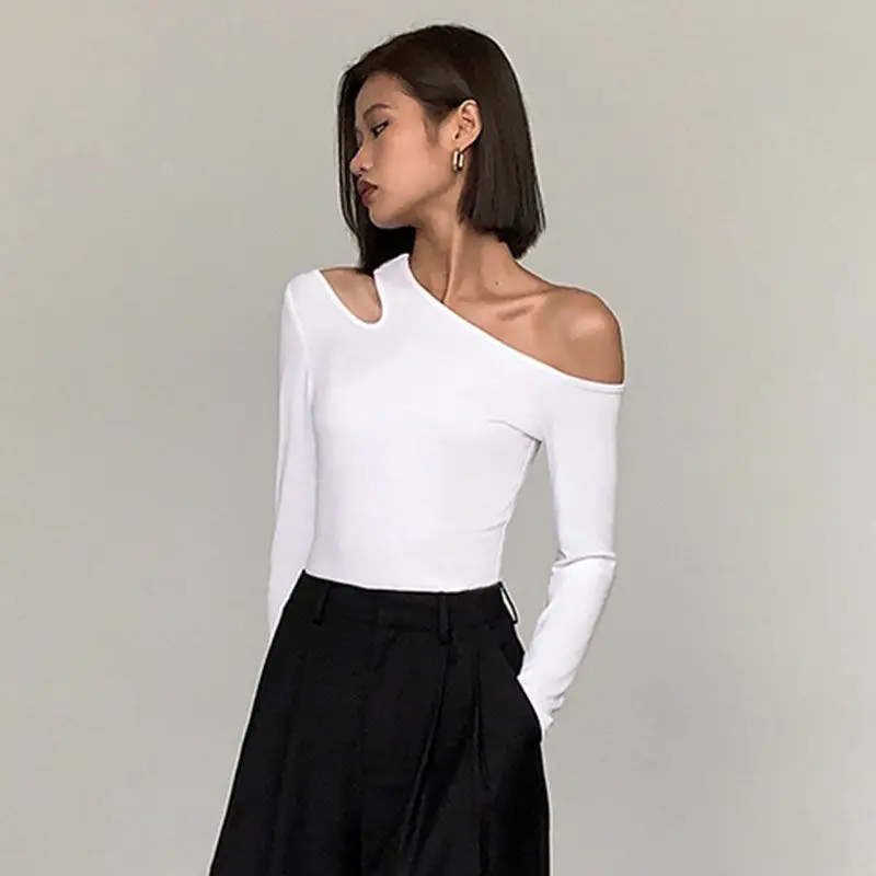 Fashion Skew Collar Off-shoulder Long-sleeved T-shirts Women Spring 2023 New Solid Slim Fit Crop Top Sexy Hollow Out Tees Shirts