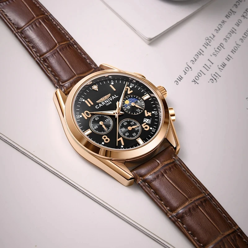 Carnival Brand Luxury Leather Chronograph Quartz Watch for Men Fashion Sports Military Waterproof Calendar Watches Reloj Hombre