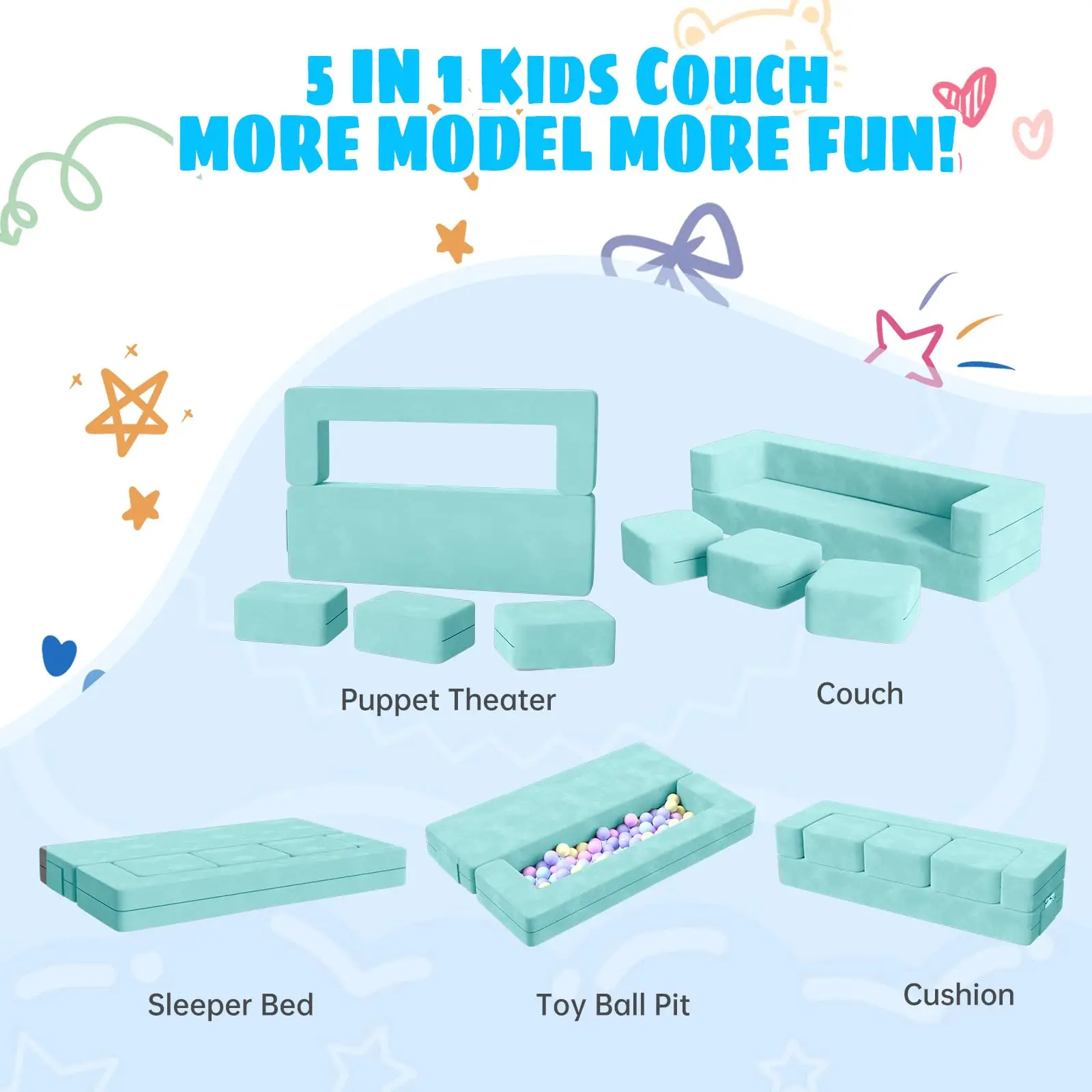 Modular Kids Play Couch 5 in 1 Kids Couch with 3 Ottomans for Playroom Bedroom Extra Large Modular Kids Couch Kids Play Couch