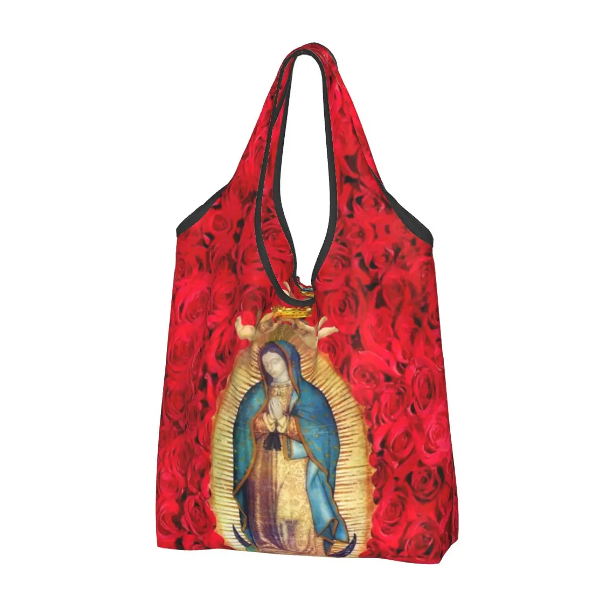 Custom Guadalupe Virgin Mary With Flowers Groceries Shopping Bag Shopper Tote Shoulder Bag Large Capacity Catholic Handbag