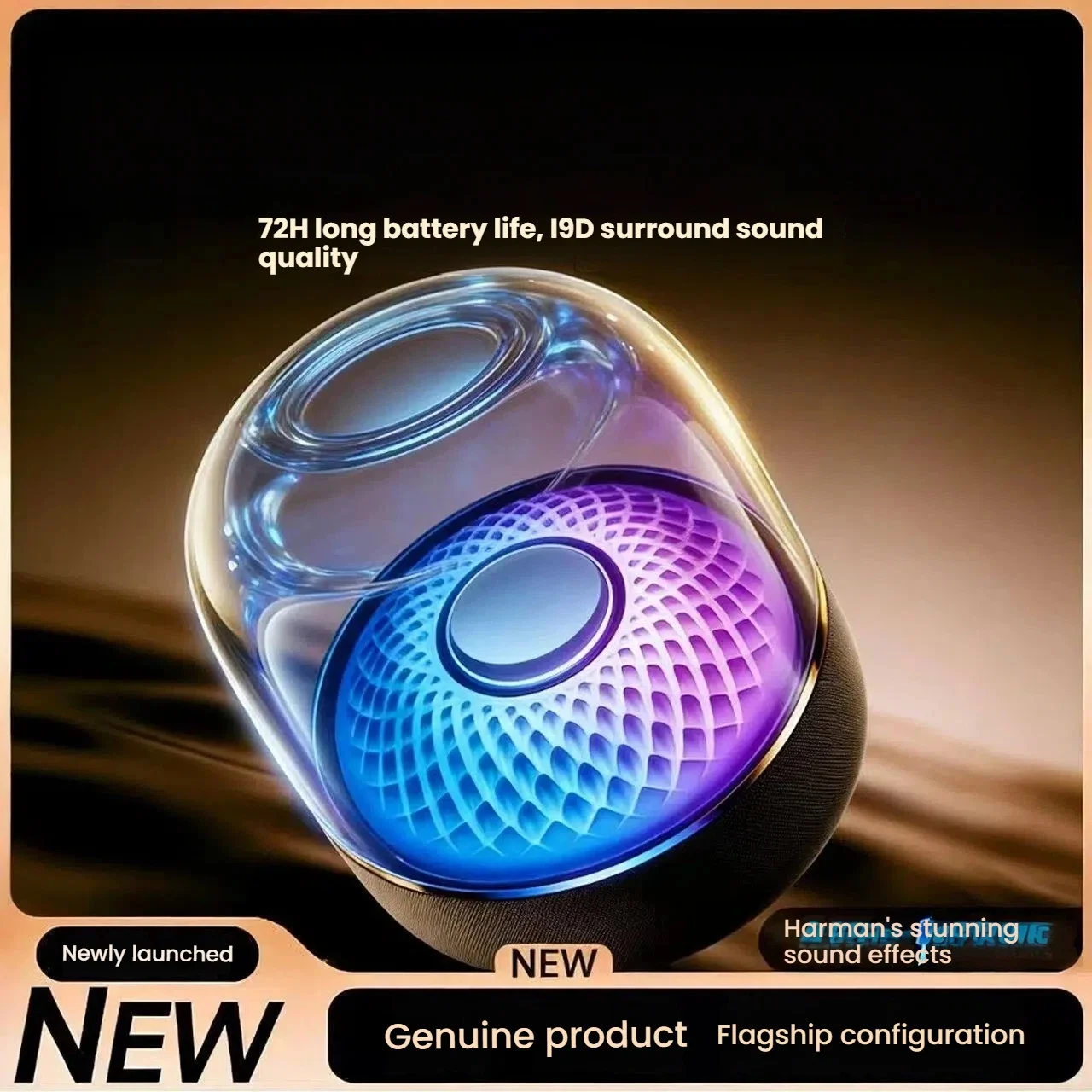 

2025 Новый бестселлер, черное золото, RGB-подсветка, портативный Bluetooth-динамик с двойным сроком службы батареи, стеклянный кристалл, аудио