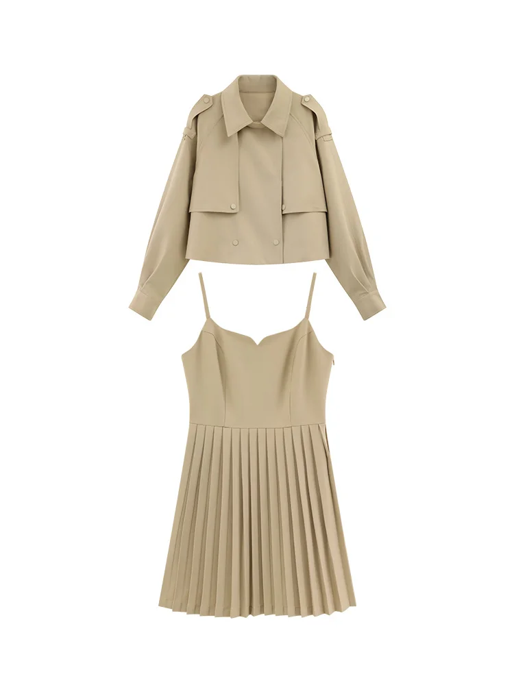 Trendy Two Piece Set Loose Short Jacket with Spaghetti Strap Pleated Dress Autumn Casual Fashion Slimming Elegant Outfit Women