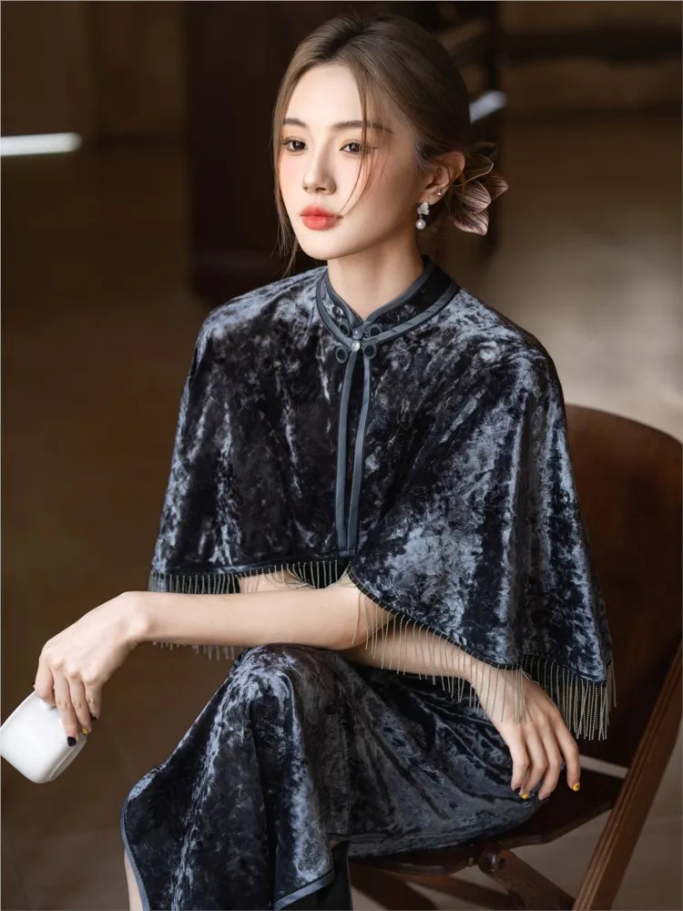 

Новый комплект Cheongsam из бархатной шали в китайском стиле для женщин, элегантное и стильное платье