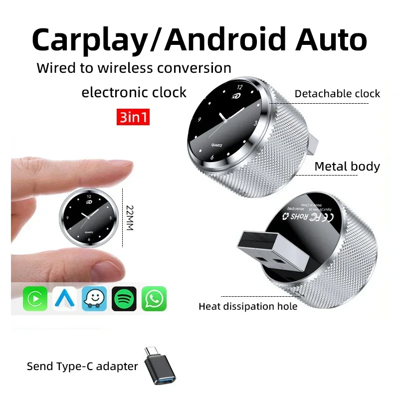 

Интеллектуальный автомобильный беспроводной автомобильный преобразователь 3-в-1, автомобильный соединительный адаптер Android, USB-модуль, часы для разборки