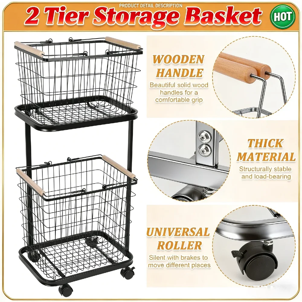 

Double Tier Laundry Hamper Cart with Wheels Durable Steel Wire Construction Non-Slip Rubber Strip Easy Assembly for Bedroom Bath