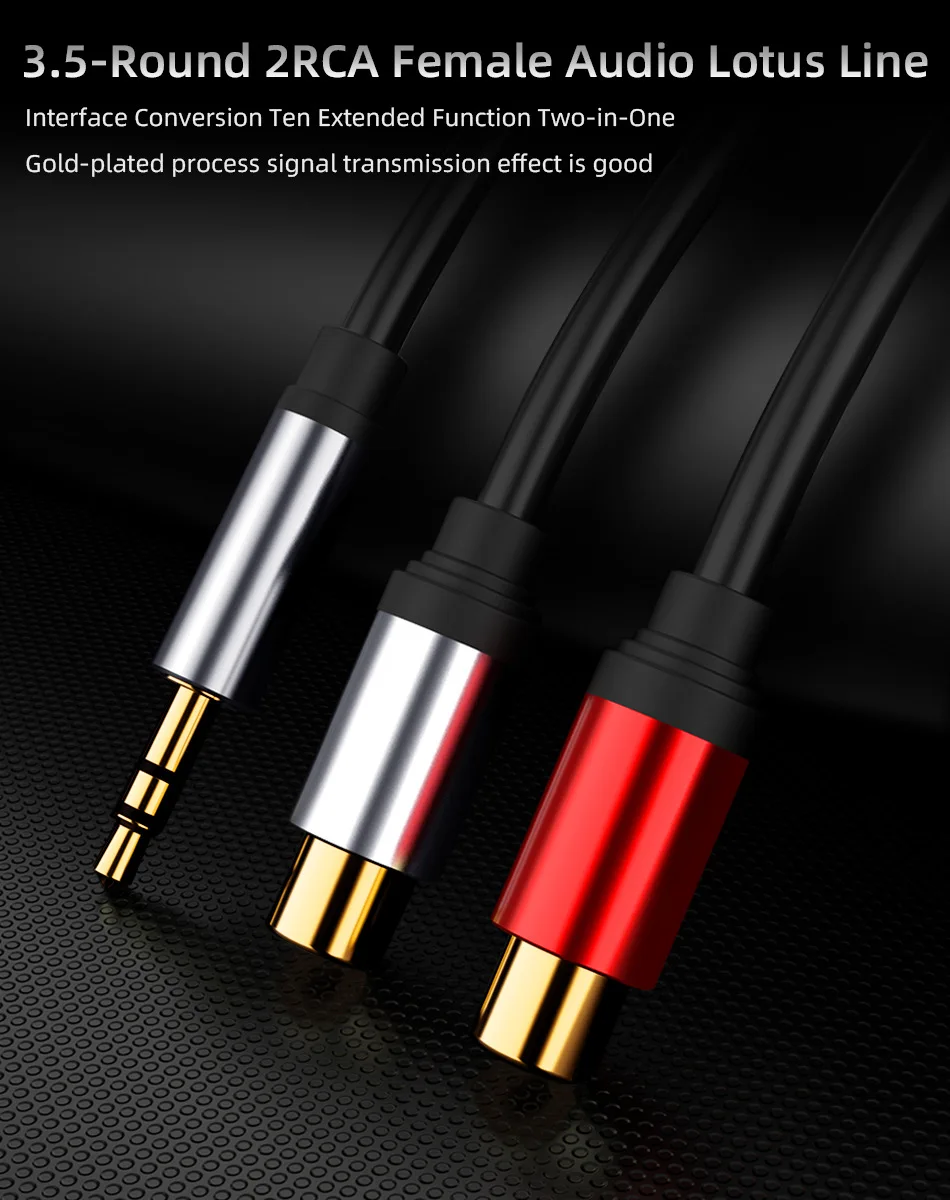 Pozłacana wtyczka gniazdo stereofoniczny kabel Audio 3.5mm męskie do 2RCA żeński Adapter Audio, kompatybilne z głośniki Stereo