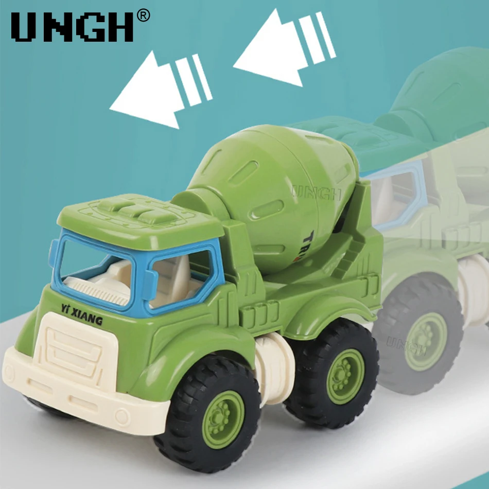UNGH 4pcs/Set Cute Engineering Diecast Car Crane Excavator Dump Mixer Truck Inertial Vehicle Toys for Children