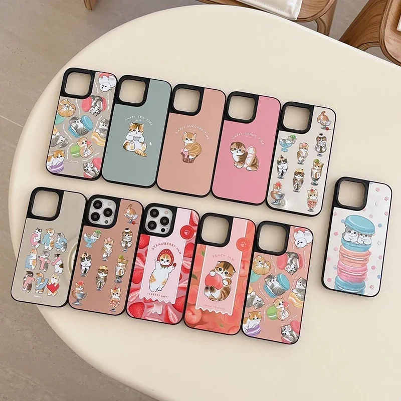 Cute Dessert Cat Mirror Black Border Magnetic Phone Case Cover for IPhone 11 12 13 14 15 Pro Max Case