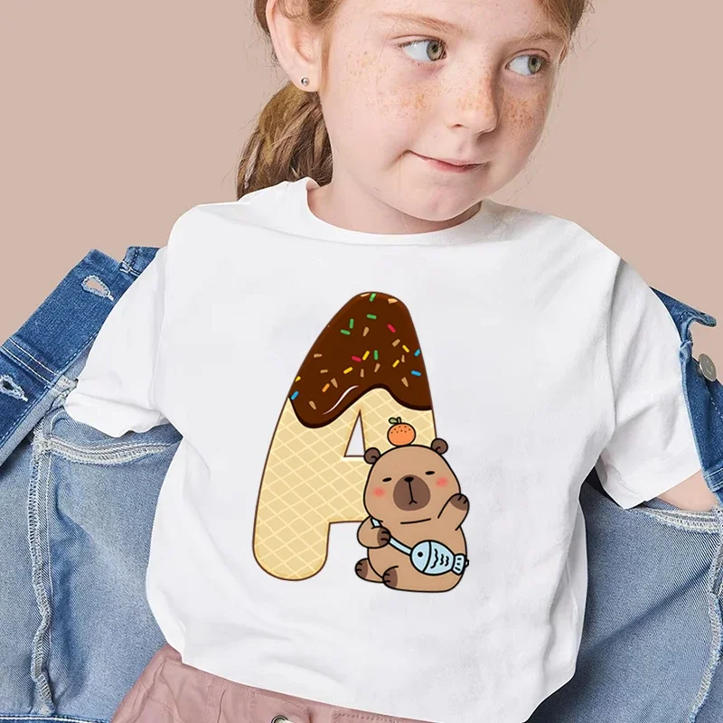 Girls Boys Capybara 26 Alphabet Tshirts Cartoon Capybara Letter A-Z Print T-Shirts Cotton Tee Short Sleeve Harajuku Y2K Tops