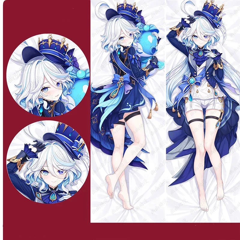 Genshin Impact Furina Cosplay Hug Body Pillow Case 2-Side Peachskin Hugging Pillow Case Focalors Long Body Pillow Cover