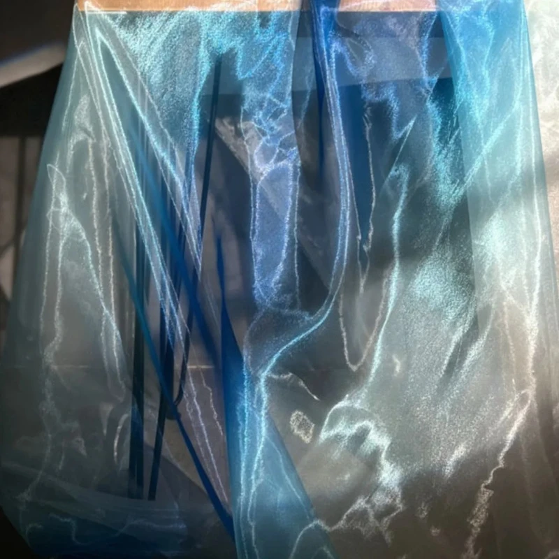 Blue Bilateral Gradient Liquid Pearlescent Organza Fabric Perspective Hanfu Large Sleeved Shirt Designer Sewing Material Cloth view 3