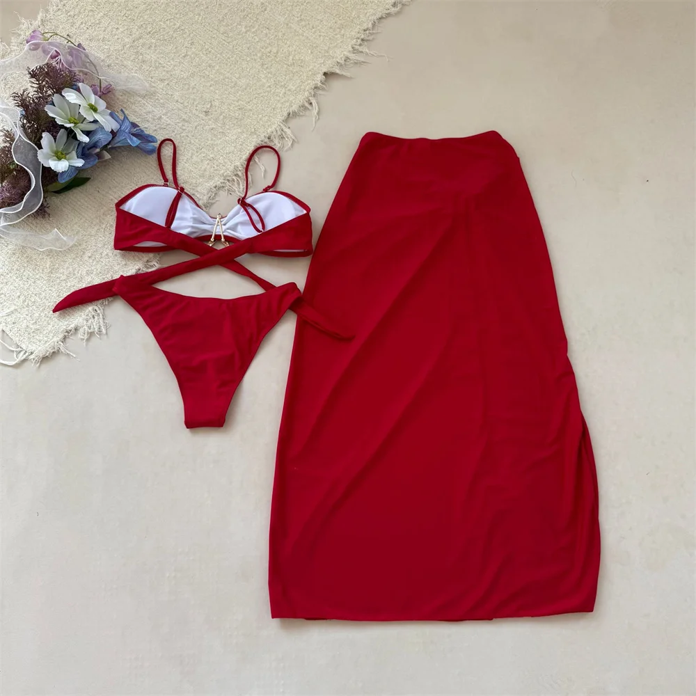 Strój kąpielowy damski w stylu vintage, czerwony, bikini, z długą sukienką, z ozdobną klamrą w kształcie gwiazdy, odkryte plecy, bandażowy, idealny na wakacje, strój plażowy, narzutka, kostium kąpielowy.