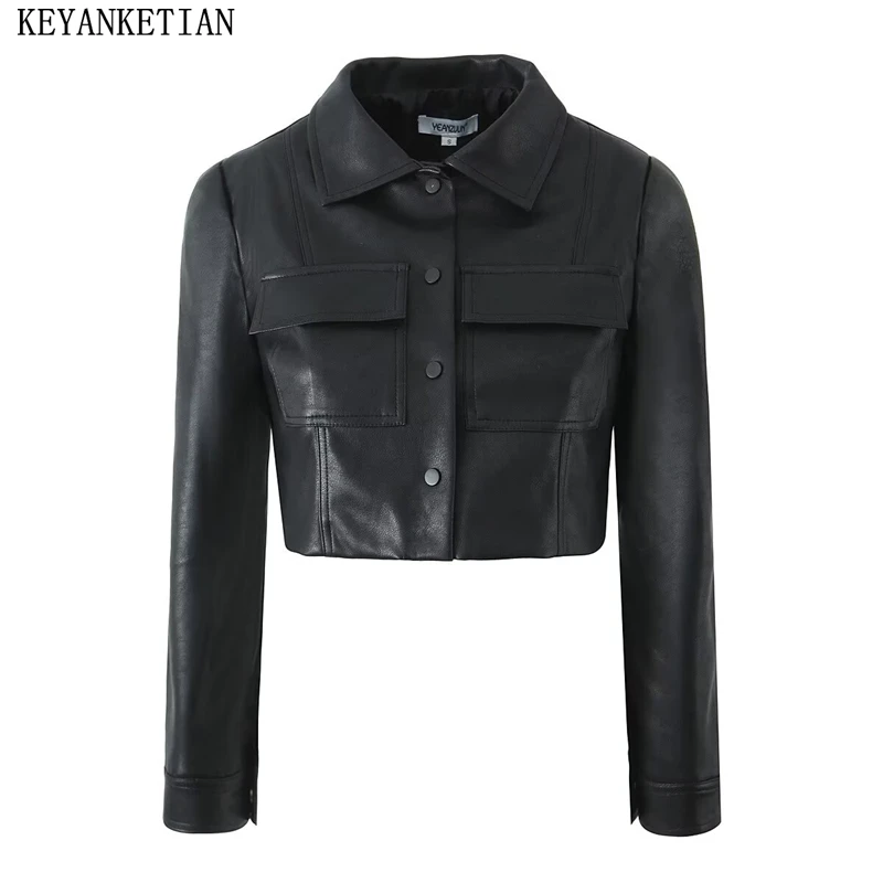 KEYANKETIAN 2024 Autunno/Inverno delle nuove donne Nero Breve giacca in ecopelle Street style Colletto rovesciato Giacca monopetto