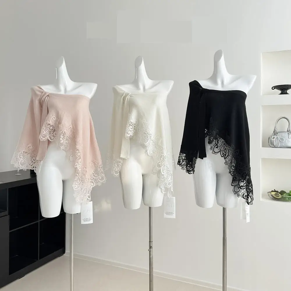 Women's Spring Autumn Sweet Irregular Single Shoulder Loose Sweater Lady Sexy Lace Hem Off Shoulder Short Jumper Top
