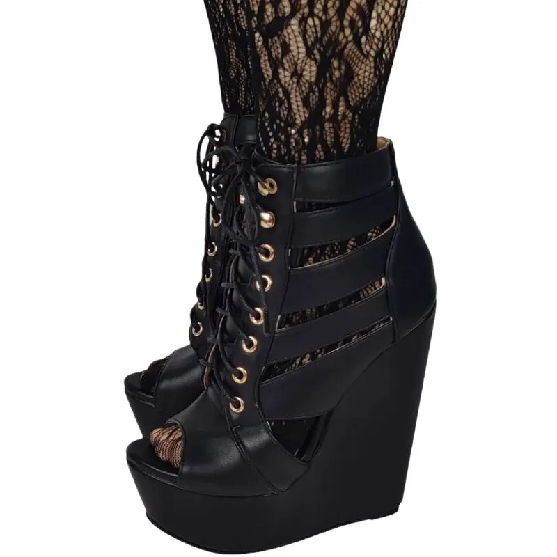 

DIZHUANG/пикантные женские классные ботинки на высоком каблуке, черные сандалии из искусственной кожи, высота каблука около 15 см, босоножки на танкетке, летняя женская обувь