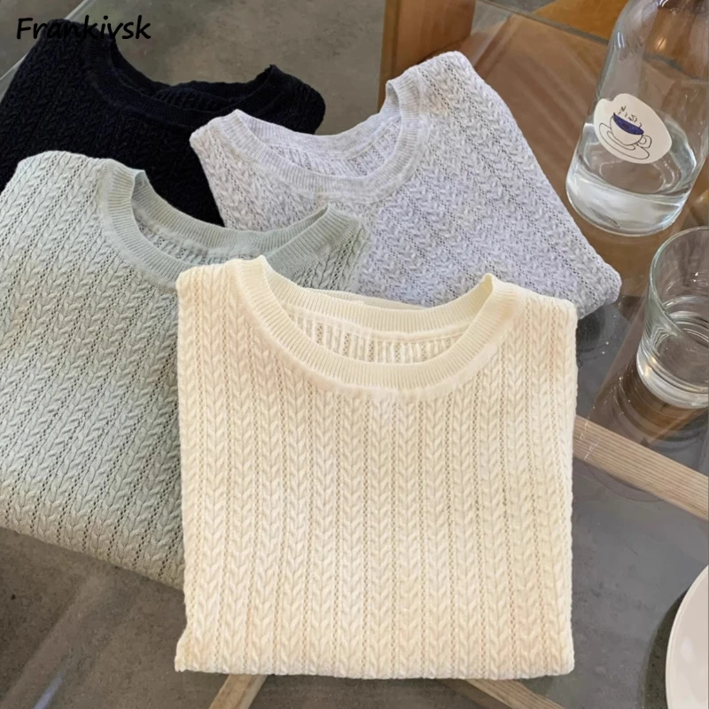 Women Pullovers Solid Knitting Breathable Short Sleeve All-match Casual Soft Tender Daily Skin-friendly Summer Hollow Out O-neck