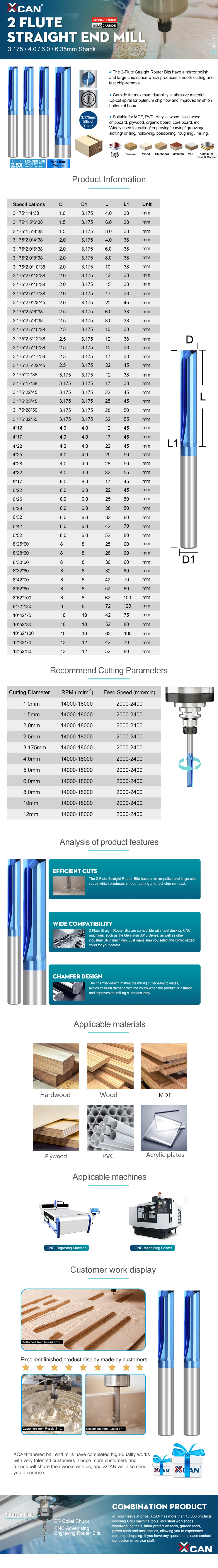 Xcan 2 Flöten fräser CNC-Bit Hartmetall-CNC-Fräser Fräs werkzeug 1 Stk. 3.175/4/6/8/10/12mm Schaft fräser mit geradem Schlitz – Detail 3