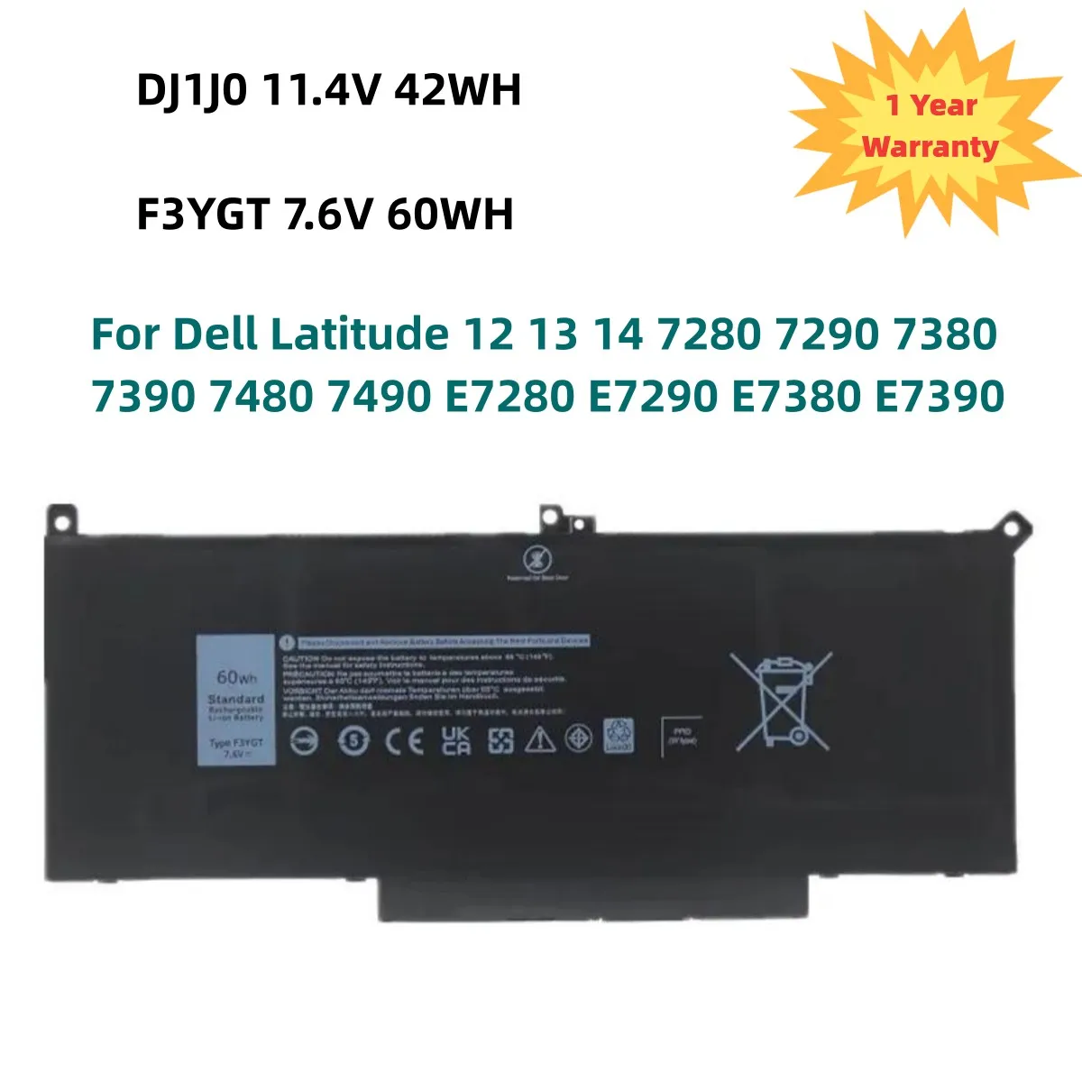 

F3YGT 60WH Laptop Battery for DELL Latitude 12 7000 E7280 E7290 E7380 E7390 E7480 E7490 F3YGT 2X39G 42WH DJ1J0 New