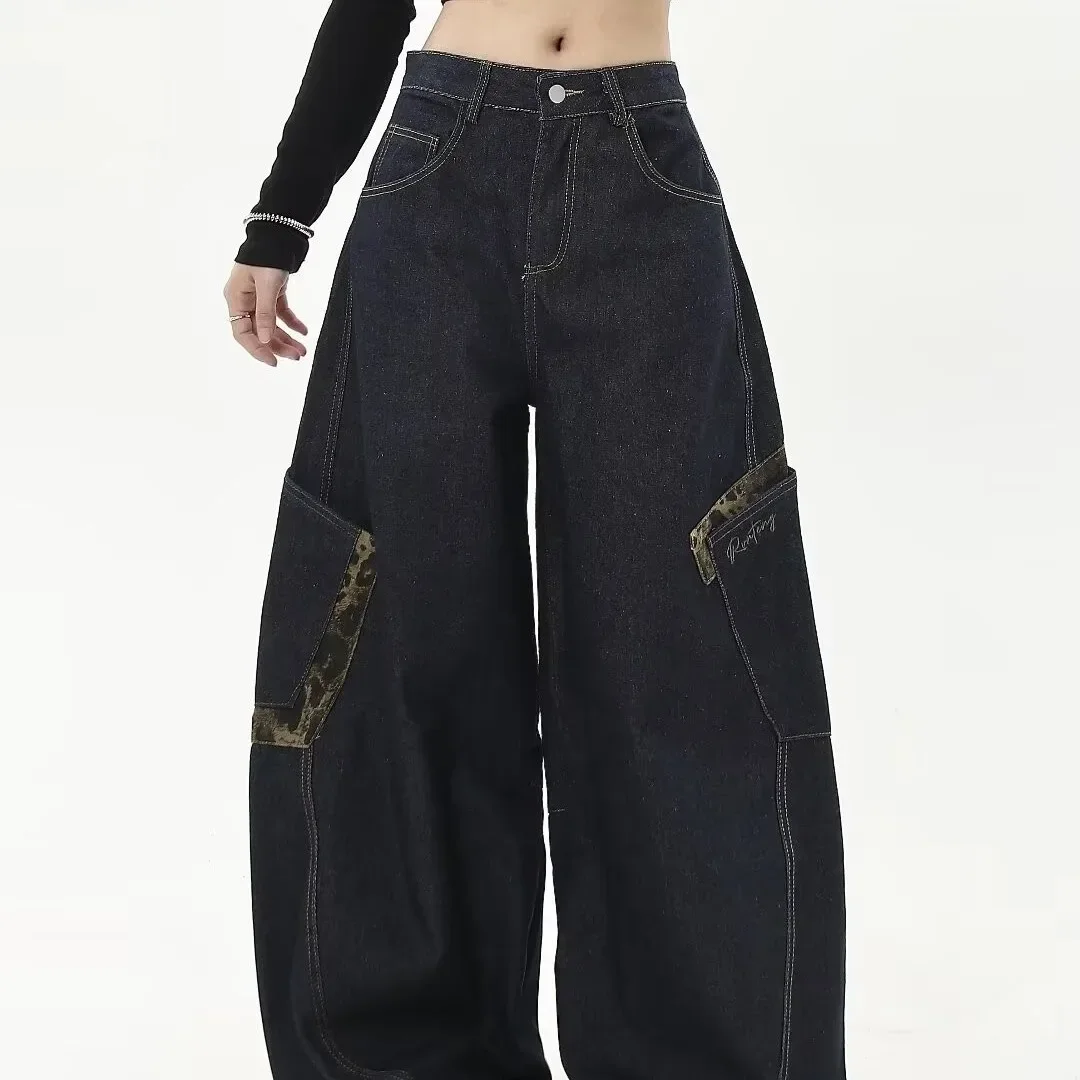 

Fmxires New American High Street Loose Straight Leg Leopard Print Splicing Knife Edge Men's Design Sense Washed Vintage Jeans