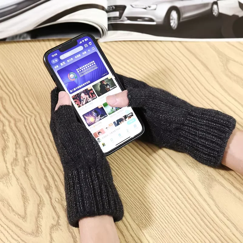 Fashion Winter Autumn Knitted Gloves Warm Plush Fingerless Gloves for Men Women Outdoor Sport Half Finger Touchscreen Gloves