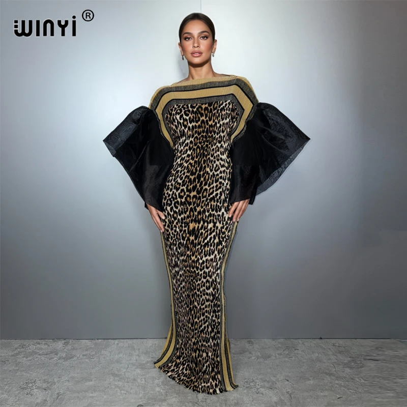 Winyi vestido plissado com manga bolha, estampa de leopardo, saída de praia, kaftan abaya dubai, vestido de festa de luxo, longo, vestido de noite