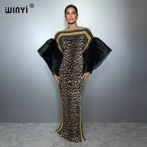 WINYI Bubble sleeve pleated dress leopard print beach cover up kaftan abaya dubai luxury party dress long down evening dress