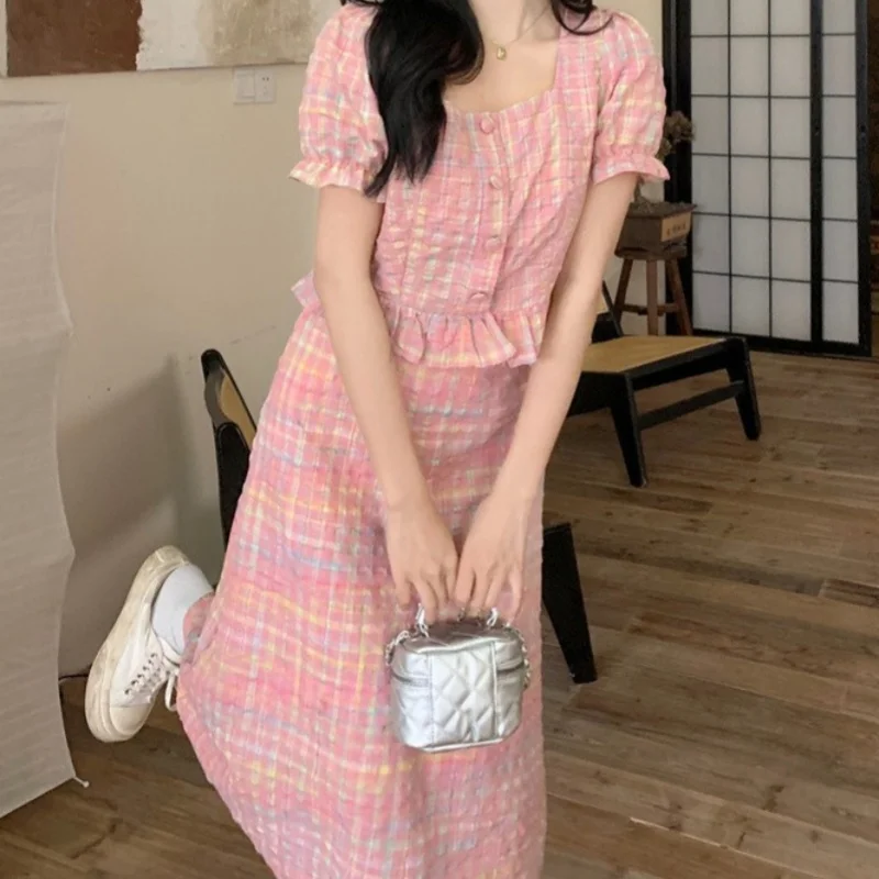 Large Size Temperament Small Fragrant Grid Skirt Set French Pink Half Skirt Women's Summer Fashion Two Piece Set for Woman