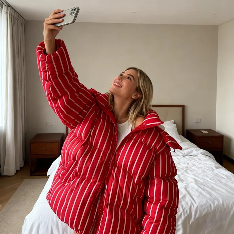 

Полосатая женская зимняя стеганая куртка с капюшоном, утепленная однобортная куртка с длинным рукавом, новинка 2025, повседневное женское пальто, шикарная свободная верхняя одежда